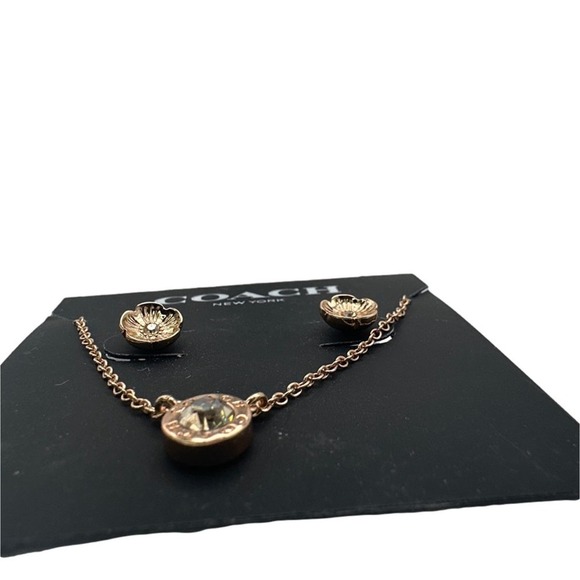 NWT COACH Signature Rose Gold Tone Floral Earrings Studs and Necklace Set - Picture 2 of 5